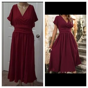 GOMORN l flowy chiffon burgandy midi slip on smock waist surplice batwing sleeve